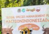 Seorang anak digendong ayahnya berfoto bersama manusia boneka harimau