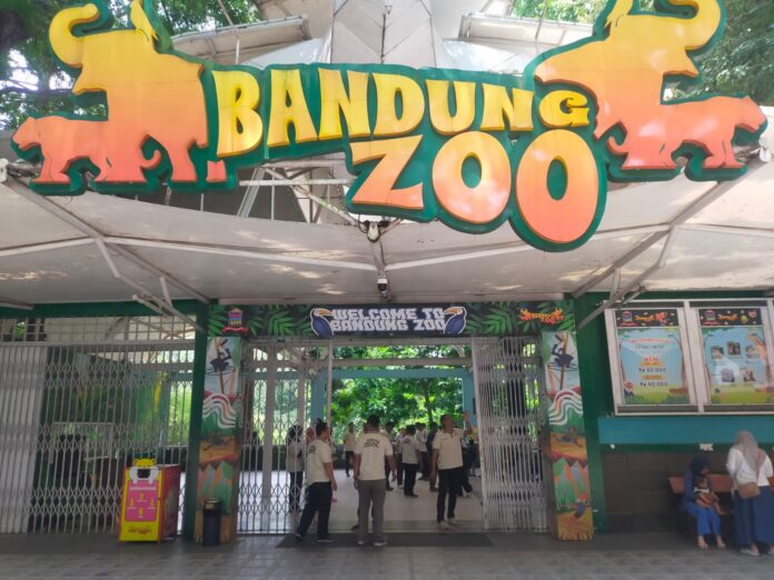 Terlihat Petugas membuka gerbang Bandung Zoo pada pukul 10 pagi